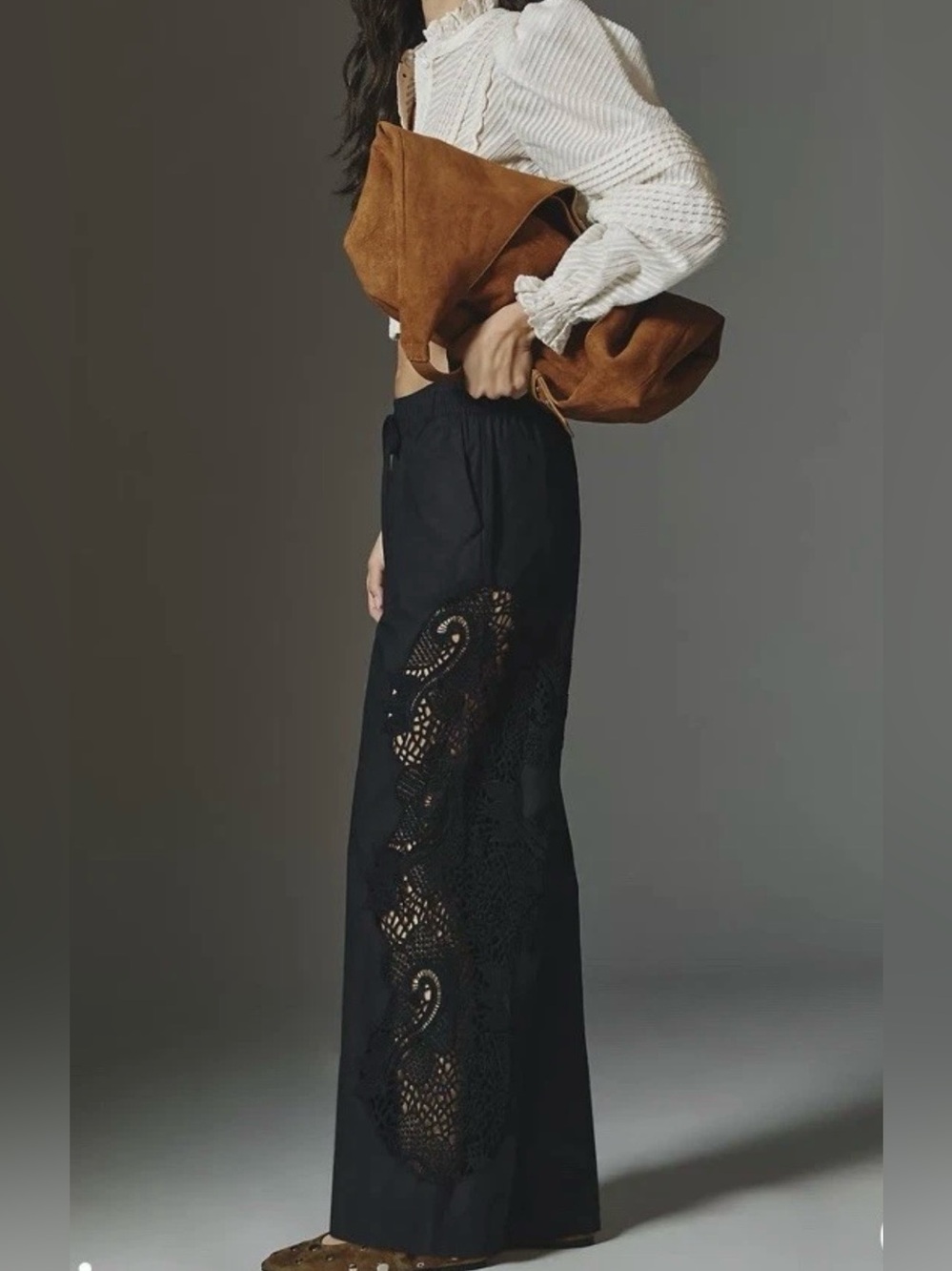 Anthropologie Maeve The Brooklin Embroidered Black Wide Leg Track Pants Sz ST